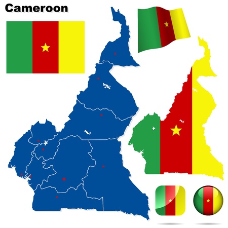 Cameroon set. Detailed country shape with region borders, flags and icons isolated on white background.のイラスト素材