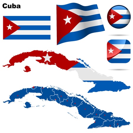 Cuba vector set. Detailed country shape with region borders, flags and icons isolated on white background.のイラスト素材