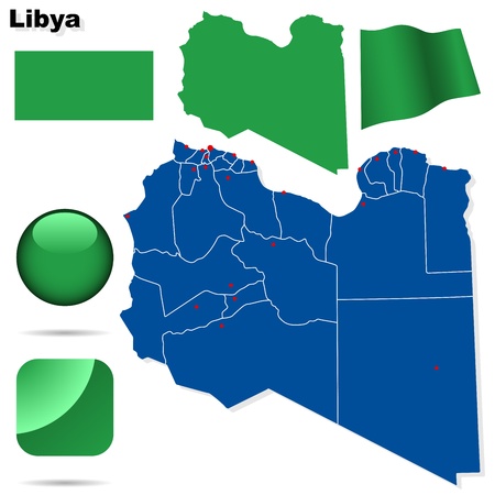 Libya set. Detailed country shape with region borders, flags and icons isolated on white background.のイラスト素材