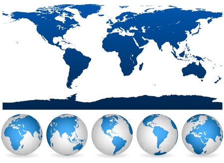 Detailed blue and white world outline and globes isolated on white. のイラスト素材