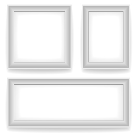 Blank white wall picture frames isolated on white background. 3 variants: square, vertical, horizontal.のイラスト素材