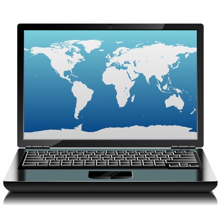 Black laptop with world outlines on the screen. Front view.のイラスト素材