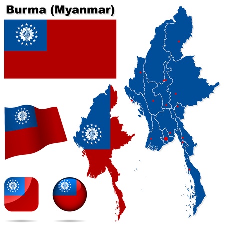 Burma  Myanmar  set  Detailed country shape with region borders, flags and icons isolated on white background のイラスト素材