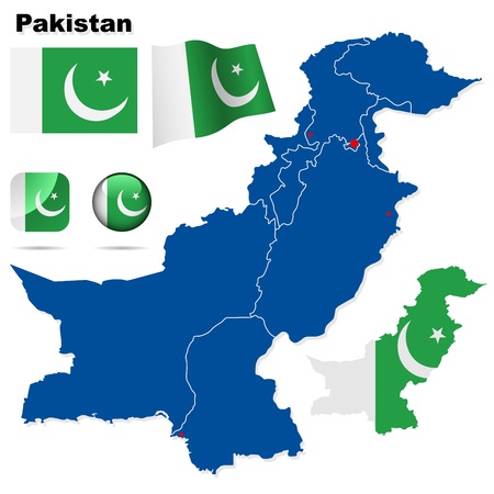 Pakistan Detailed country shape with region borders, flags and icons isolated on white background のイラスト素材