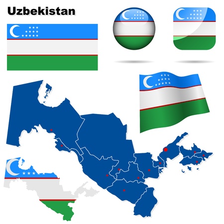 Uzbekistan set  Detailed country shape with region borders, flags and icons isolated on white background のイラスト素材
