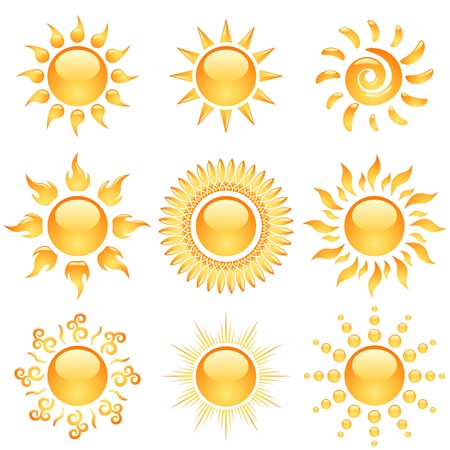 Yellow glossy sun icons collection isolated on white のイラスト素材