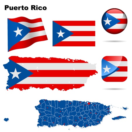 Puerto Rico set  Detailed country shape with region borders, flags and icons isolated on white background のイラスト素材