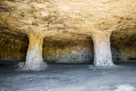 Cala Morell Necropolis Cave interior with columns at Menorca, Spain の写真素材