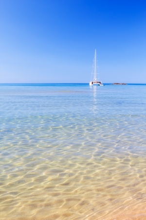 View on Mediterranean sea with crystal clean water from Cala del Pilar beach at Menorca, Spain の写真素材