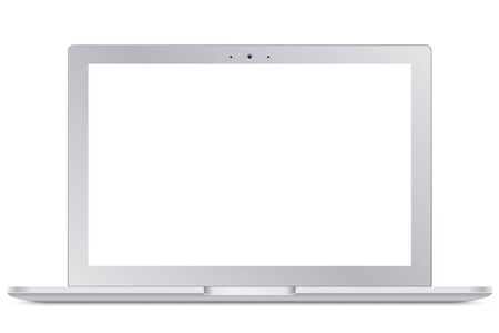 Front view of modern silver laptop with blank screen isolated on white background  のイラスト素材