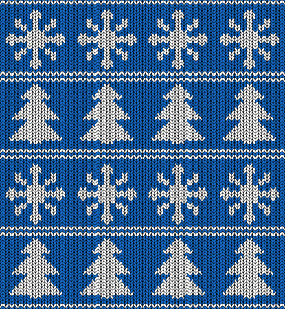 Seamless blue and white knitted vector pattern with snowflake and Christmas tree shapes.のイラスト素材
