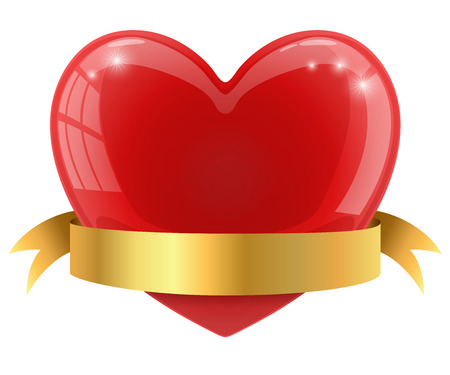 Red glossy heart with golden banner vector illustration.のイラスト素材