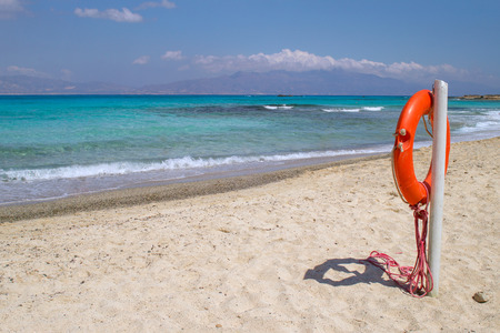 Chrisi Chrysi island white beach with red  life buoy in foreground, Crete, Greece. One of the most beautiful uninhabited island of Greece.の写真素材