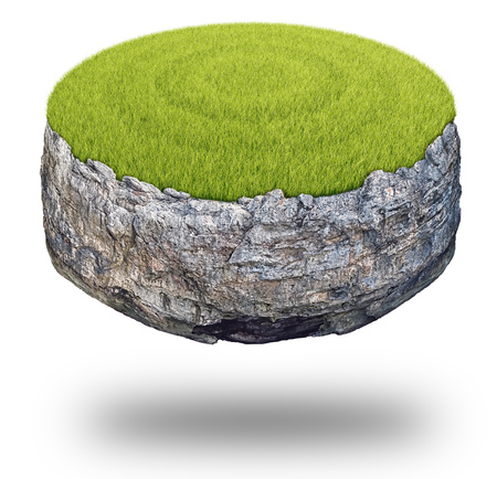 Abstract round rock island covered with green grass isolated on white background.の写真素材