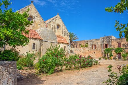The backyard of the Arkadi Monastery at Crete. Greece. It was built in the 16th century and almost destructed in 1866 by the Ottomans.の写真素材