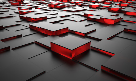 Black cubes with red glass core 3D rendering abstract floor background.の写真素材