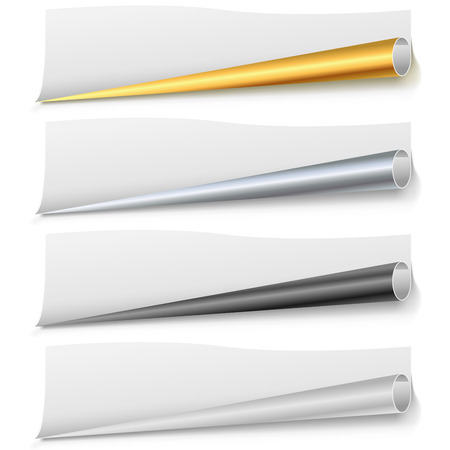 Set of paper page bottom rolls vector template. Golden, chrome, black and white bottom paper curls. Scalable vector template for the bottom of leaflet, poster,  web page or banner.のイラスト素材