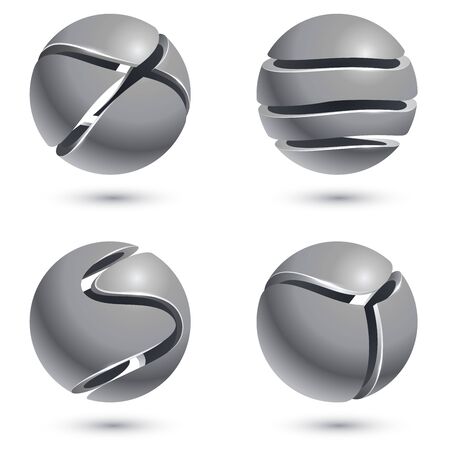 3D cut metal sphere signs isolated on white background. Vector set of metal round emblems. Metal balls with cuts vector illustration.のイラスト素材