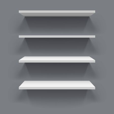 White 3D shelves with grey wall background vector illustration. Vector shelves template with realistic shadow.のイラスト素材