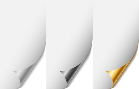 Set of curled page corners vector template. White, silver and gold rolled corner with shadow.のイラスト素材