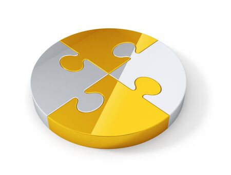 Gold and silver jigsaw puzzle pieces connected in the whole. Abstract teamwork concept 3D rendering image.の写真素材