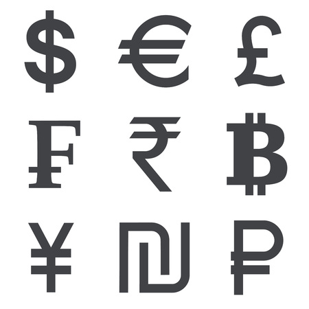 Currency icon set isolated on white background. Collection of currency symbols dollar, euro, pound, franc, rupee, bitcoin, yuan, shekel, ruble.のイラスト素材