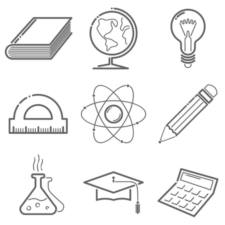 Education icons set in line style. School icons %u2013 book, globe, bulb, ruler, atom, pencil, chemistry flask, graduation hat, calculator.のイラスト素材