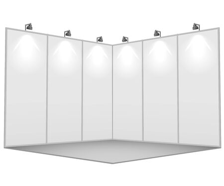 Blank white exhibition stand 3x3 sections vector template with wall illumination.のイラスト素材