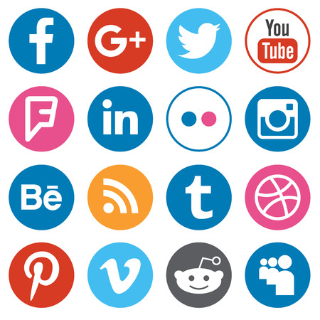 SAINT-PETERSBURG, RUSSIA - SEPTEMBER 29, 2016: Set of flat design buttons with the most popular social network logotypes isolated on white background. Illustrative editorial vector illustration.のeditorial素材