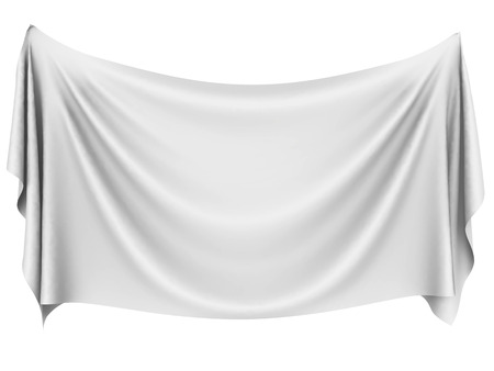 Blank white hanging cloth banner with folds isolated on white background. 3D rendering.の写真素材