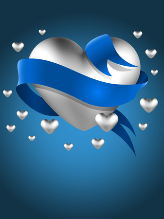 Abstract silver heart with blue ribbon vector greeting card template.  St. Valentines day background with copy space.のイラスト素材