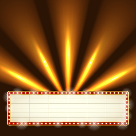 Blank illuminated marquee frame with bright searchlights in the background. Show performance information board vector template.のイラスト素材