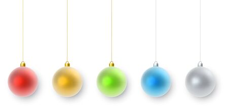 Hanging color Christmas decorations set isolated on white background. Colorful balls collection with shadow vector template.のイラスト素材