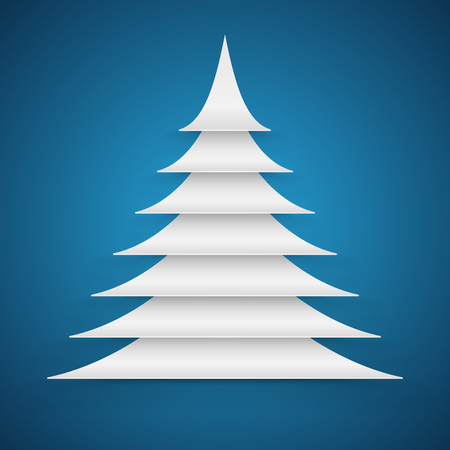 Abstract white paper cut Christmas tree on blue background vector card.のイラスト素材
