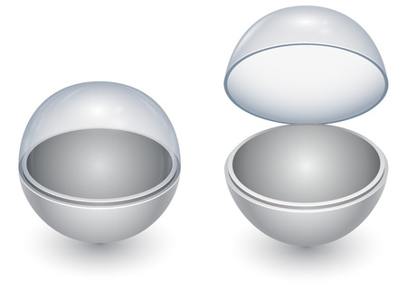 Round sphere capsule with glass cover in closed and opened state vector template isolated on white background. Layered  file with transparency and easy editable background.のイラスト素材