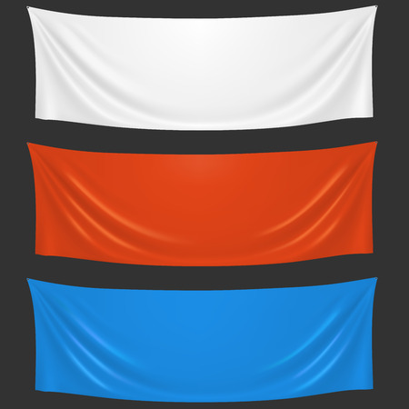 Blank white, red and blue cloth welcome banners vector template. Horizontal advertising fabric banners isolated on black background.のイラスト素材
