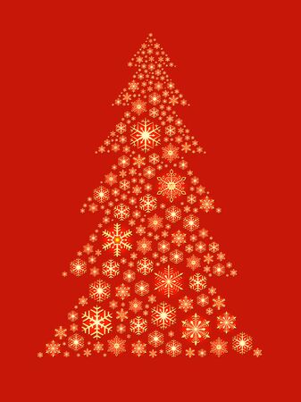 Christmas tree shape made of golden snowflakes on red background. Holiday greeting card vector template.のイラスト素材