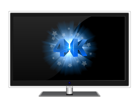 Modern widescreen TV with blue 4K sign on black screen vector template.のイラスト素材