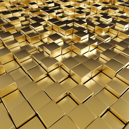 Abstract reflective gold cubes modern background. 3D rendering.の写真素材