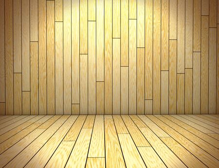 Empty illuninated wooden room background. Timbered wall and floor 3D rendering.の写真素材