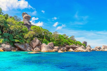 Sailing Boat Rock on sunny summer day. The landmark and symbol of Similan islands, Thailand.の写真素材