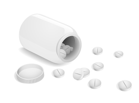 White opened medicine bottle with scattered tablets. Vector illustration.のイラスト素材