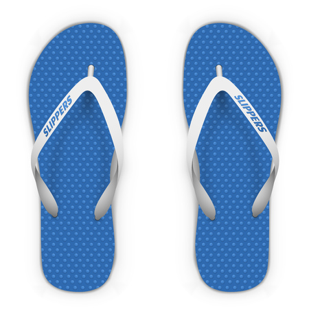 Blue and white beach slippers isolated on white background. Flip flops top view vector template.のイラスト素材