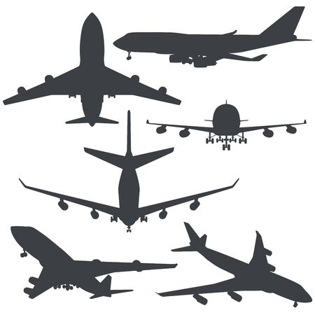 Plane black shapes vector set on white background. Collection of aircraft outlines.のイラスト素材