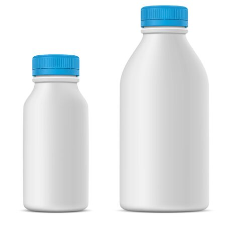 Blank milk or yoghurt white bottle with blue cap vector template for the advertising of dairy product.のイラスト素材