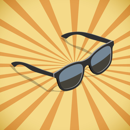 Sunglasses flat isometric design with yellow and orange sunburst vector poster template.のイラスト素材