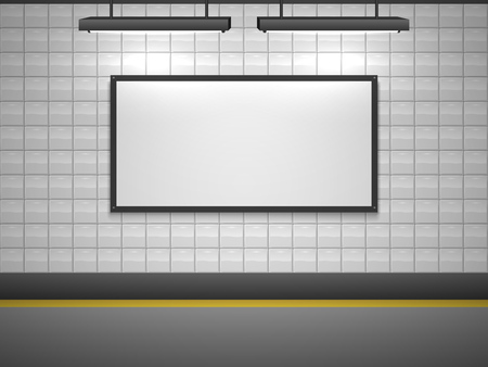 Blank advertising billboard at subway station with hanging lamps vector template.のイラスト素材
