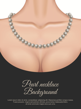 Pearl necklace on the female neck vector illustration. Advertising banner or card template for jewelry store.のイラスト素材