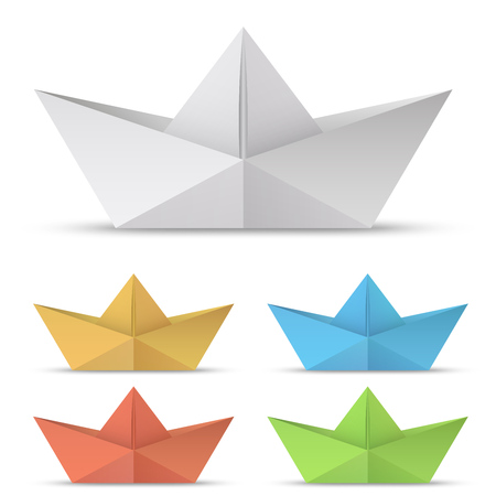 Folded paper boat vector set isolated on white background.