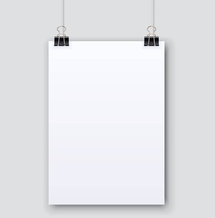 Blank plain white paper page hanging on binder clips vector template.のイラスト素材